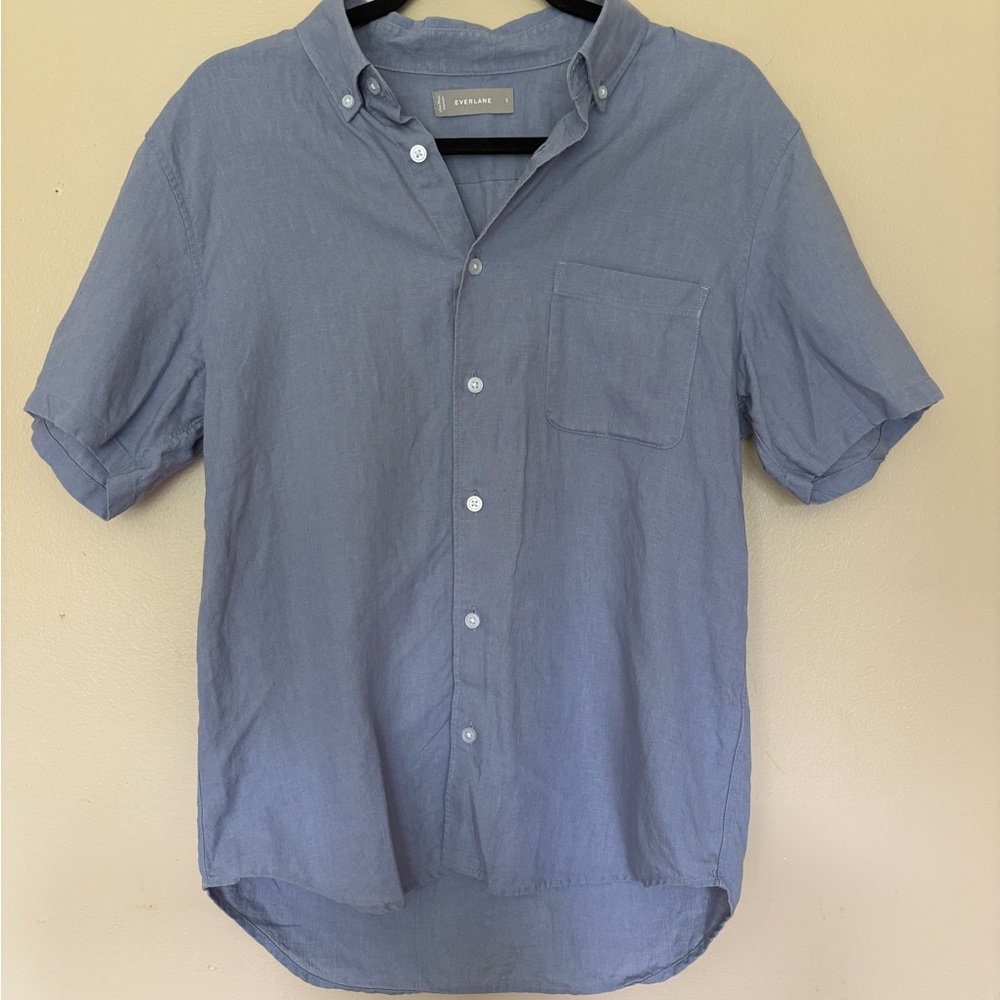 Everlane Classic Short Sleeve Blue Linen Button down Casual Office Business